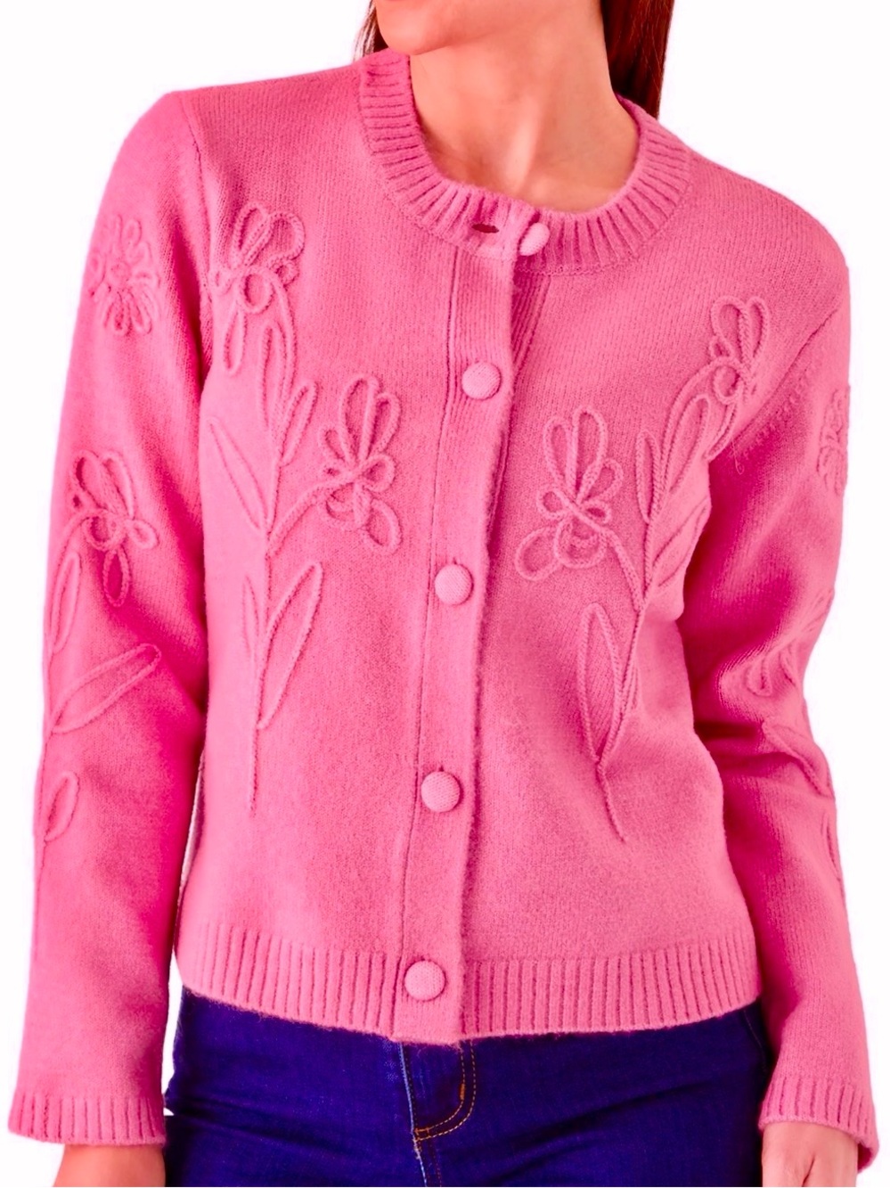 CeCe Pink Floral Applique Crewneck Button-Front Cardigan